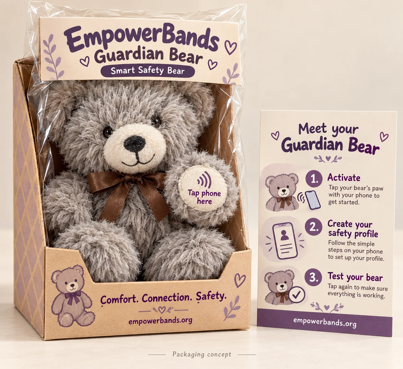 Guardian Bear proposed packaging with a gray teddy and NFC tap marker