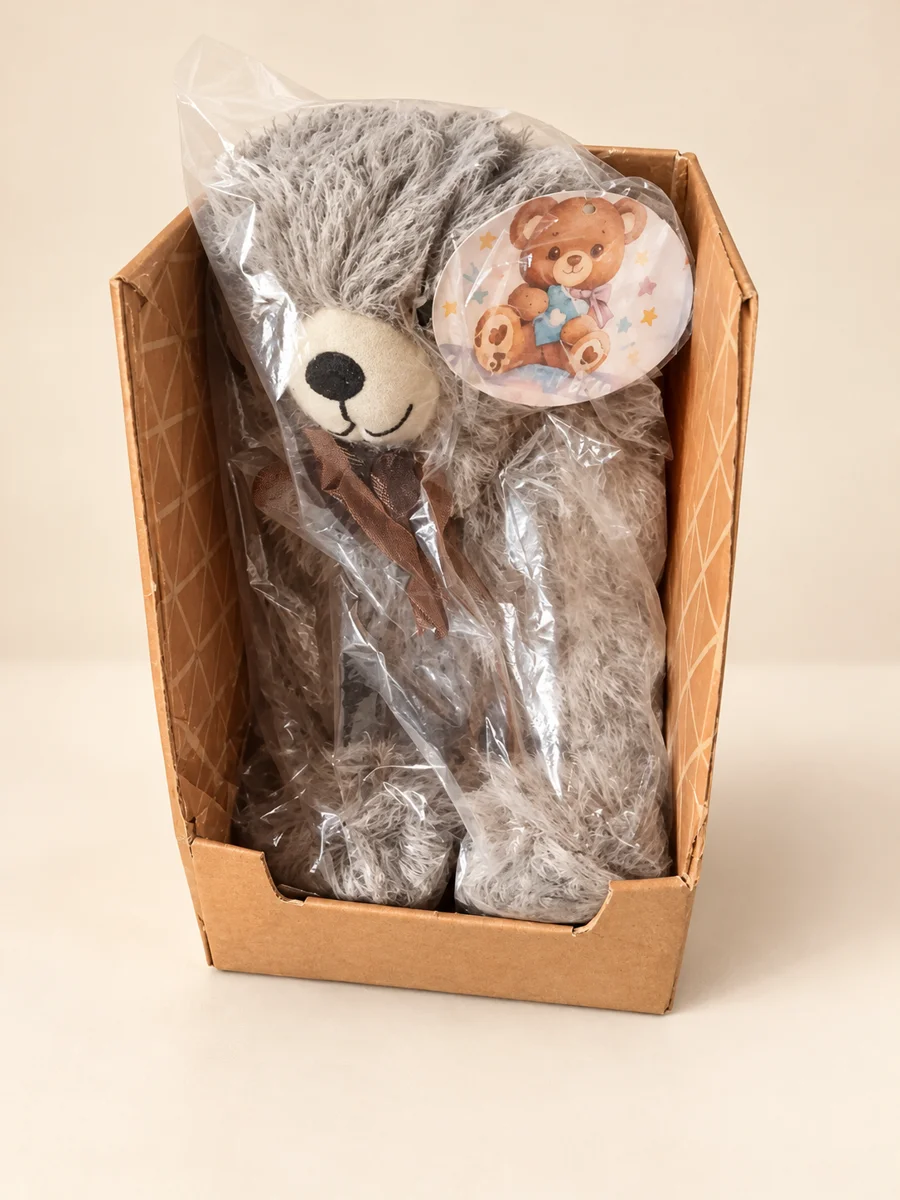 AI-enhanced view of April’s gray Guardian Bear in its actual open-front cardboard gift package