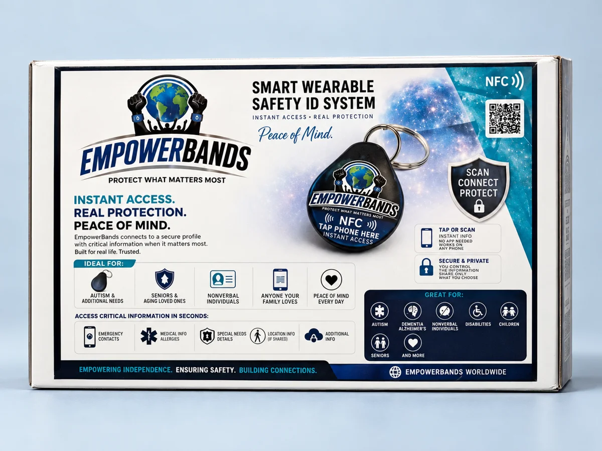 AI-enhanced studio view of the EmpowerBands Safety ID package